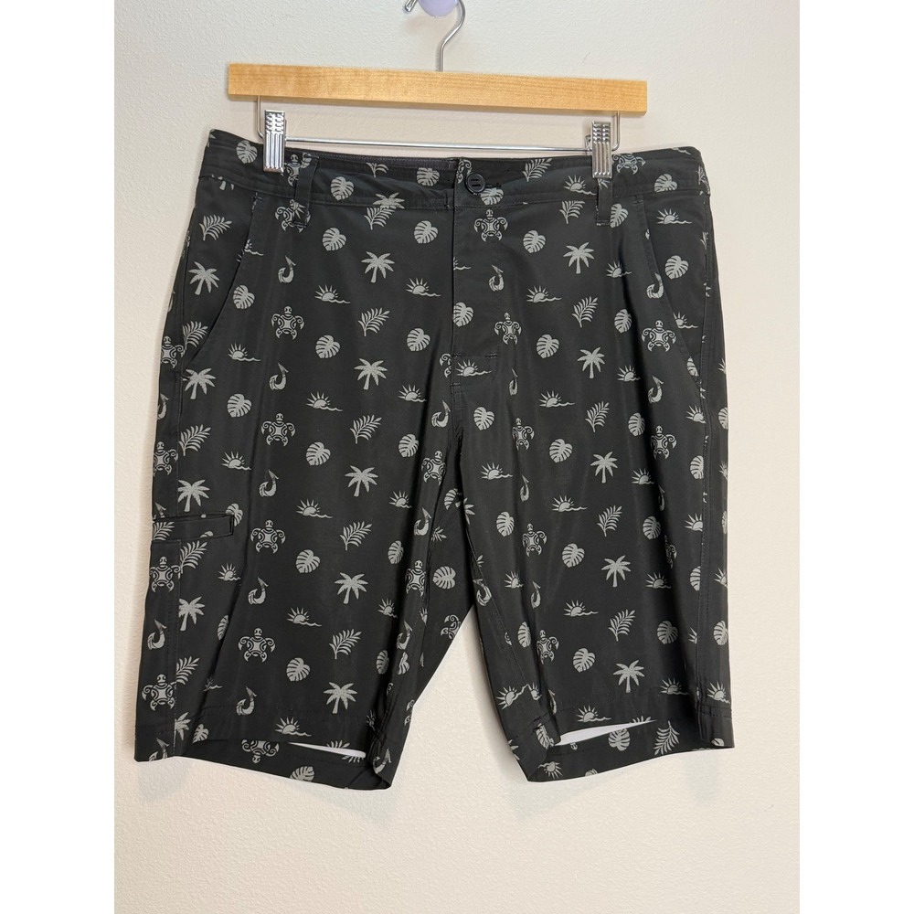 DaHui Mens Hybrid Board Shorts Black Tropical Turtle Palm Tree Print Size 32